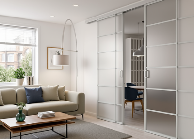 Элеганс (двойное полотно с проемом) белый профиль матовое стекло