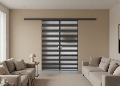 Элеганс (двойное полотно с проемом) черный профиль матовое стекло