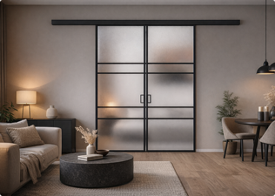 Элеганс (двойное полотно с проемом) черный профиль матовое стекло