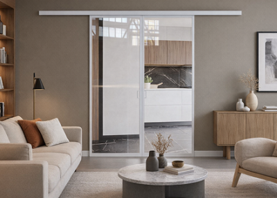 Элеганс (двойное полотно с проемом) белый профиль прозначное стекло