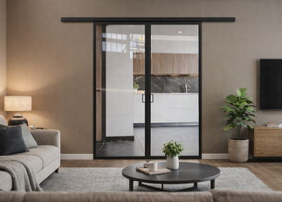 Элеганс (двойное полотно с проемом) черный профиль прозначное стекло