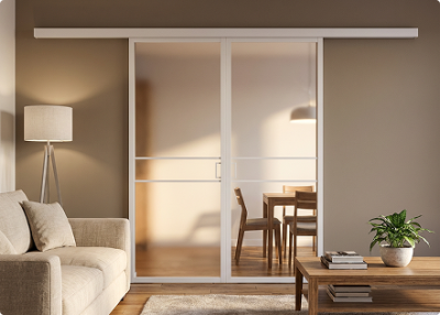 Элеганс (двойное полотно с проемом) белый профиль матовое стекло