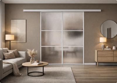 Элеганс (двойное полотно с проемом) белый профиль матовое стекло