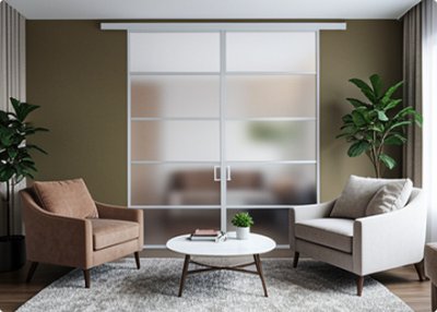 Элеганс (двойное полотно с проемом) белый профиль матовое стекло