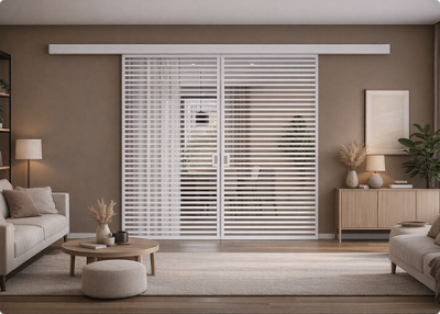 Элеганс (двойное полотно с проемом) белый профиль прозначное стекло